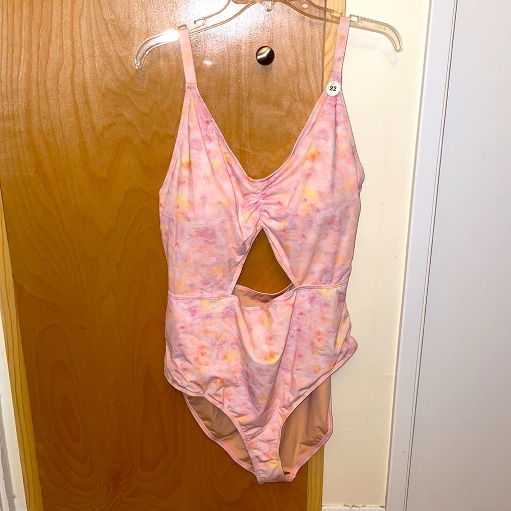 Cotton On curved rouched one piece tie dye scattered pink 18